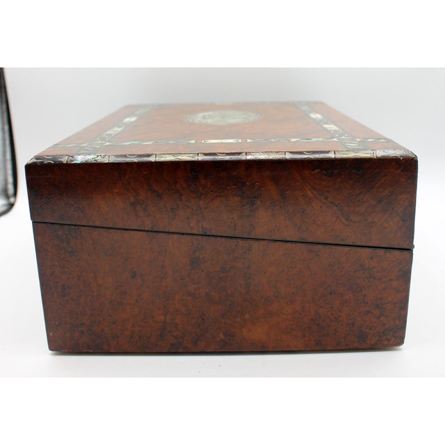 Mid 19th Century C. 1860 English Inlaid Burl Wood Lap Desk Writing Box For Sale - Image 5 of 12