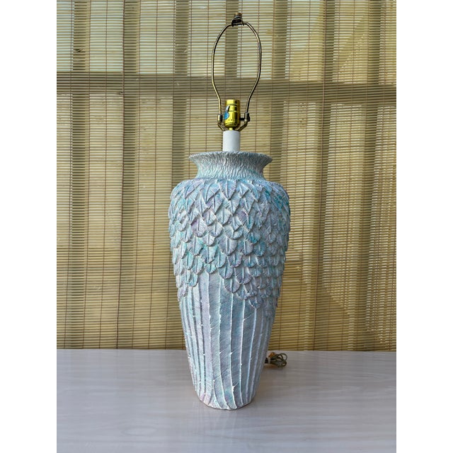 Large Vintage Postmodern / Coastal Style Feathered Pattern Plaster Table Lamp. Circa 1980s Features a Feathered Pattern...