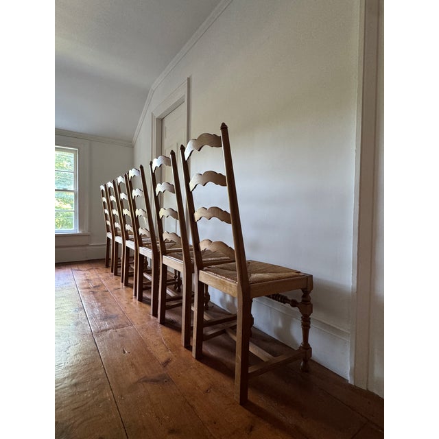 Set of 6 French Country Style Oak Ladder-Back Dining Chairs With Rush Seats For Sale - Image 9 of 9
