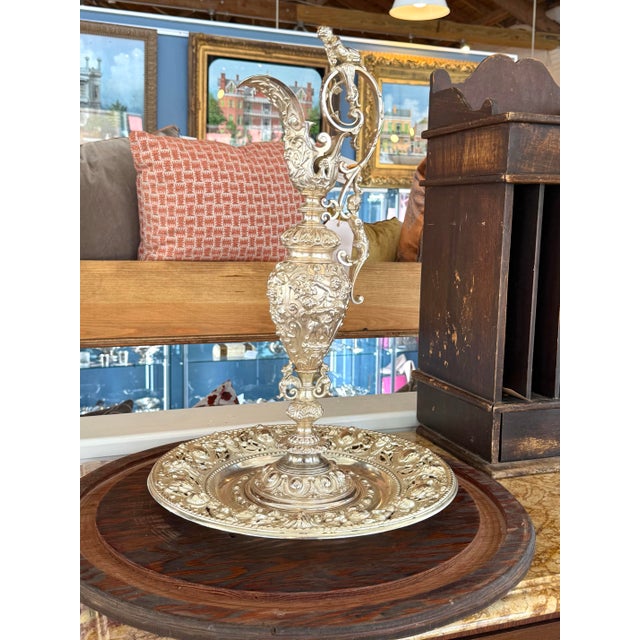 Monumental Silvered Metal Figural Ewer & Underplate With Classical Relief Decoration For Sale - Image 9 of 11