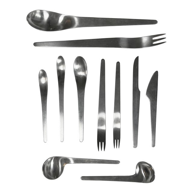 1960's Arne Jacobsen by Michelsen Space Age Modernist Stainless Steel Flatware - Set of 65 For Sale