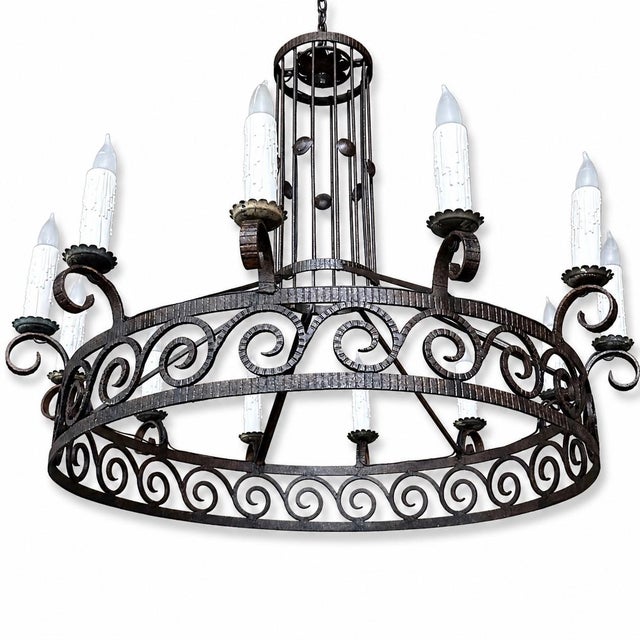 Large Art Deco Style Wrought Iron 12-Light Chandelier For Sale In Baton Rouge - Image 6 of 11