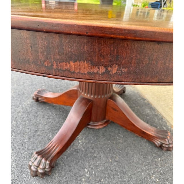 Antique 54" Round Mahogany Pedestal Base Dining Table With 4 Leaves For Sale - Image 14 of 16