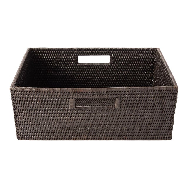 Artifacts Rattan Rectangular Shelf Basket with Side Handles in Tudor Black - 16" For Sale