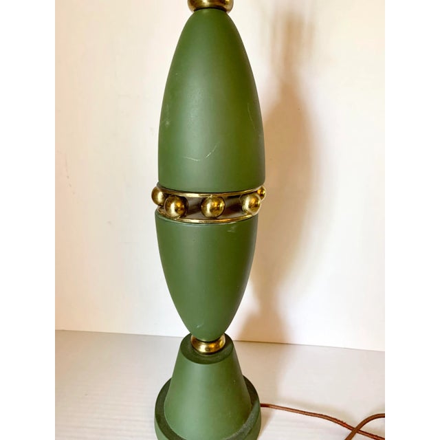 Wonderful working Mid Century green atomic shaped lamp with gold accents. 20” H to base of socket. 30” H total with harp....