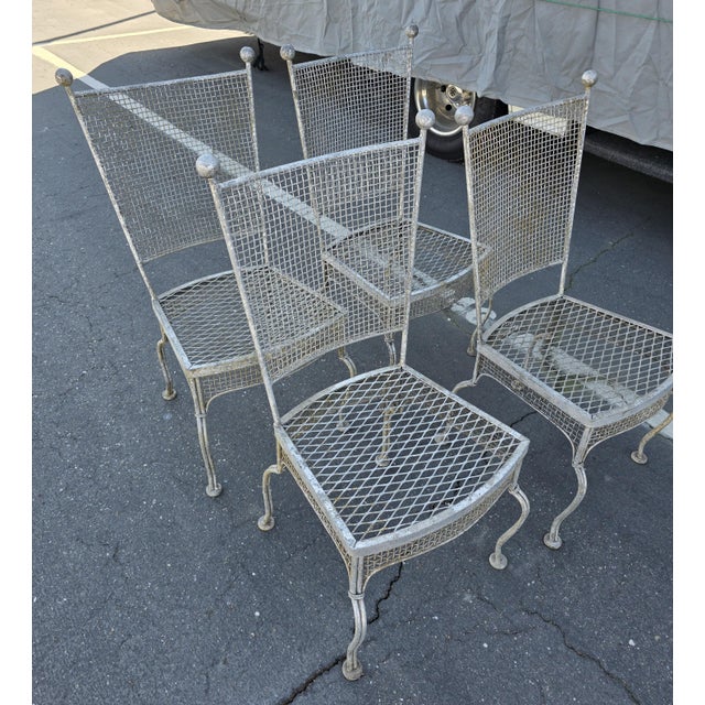 Silver Vintage Rare 1960's Russell Woodard Attributed Mesh Wrought Iron Patio Glass Table and 4 Chairs For Sale - Image 8 of 18