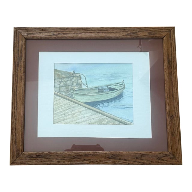 “Green Boat by the Dock” Framed Original Watercolor by Nancy Smith For Sale