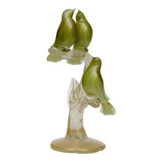 C1950's Salviati Italian Hand-Blown Murano Trio of Birds Perched on a Tree Limb Branch For Sale