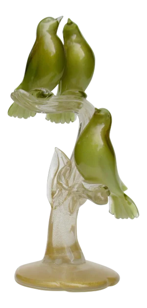 C.1950's Salviati Italian Hand-Blown Murano Trio of Birds Perched on a Tree Limb Branch