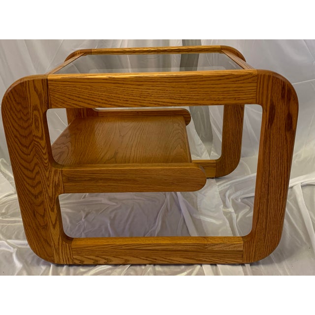 Vintage Mersman Bellaire Cantilevered Oak & Smoked Glass Side Table For Sale - Image 6 of 7