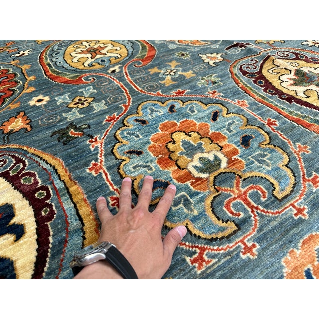 Blue Hand-Knotted Afghan Suzani Chobi Wool Area Rug - 8'3" X 9'11" For Sale - Image 8 of 14