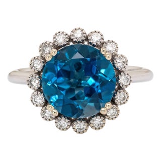 4.25cts, 10mm London Blue Topaz W Natural Diamond Halo Ring in 14k White Gold For Sale