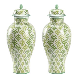 Pair of Ceramic Green & White “Matisse” Ginger Jars For Sale