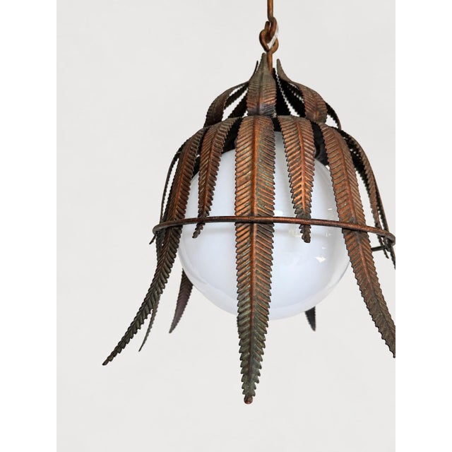 Copper 1950s Spanish Copper-Plated Iron Leaf Pendant With Opaline Glass Globe For Sale - Image 8 of 12