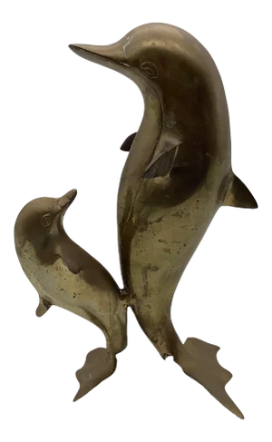 1960s Mom and Baby Brass Dolphins Figurine