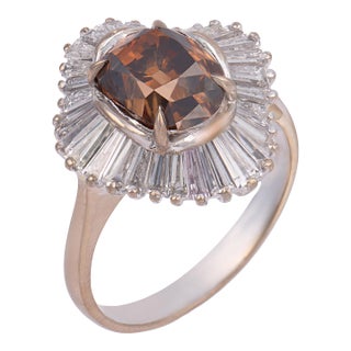 Vintage Gia 2.88 Carat Fancy Color Diamond Platinum Ballerina Ring, Size 7 For Sale