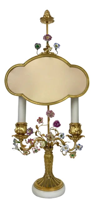 Louis XVI Style Ormolu Bouillotte Lamp with Porcelain Flowers by E. F. Caldwell