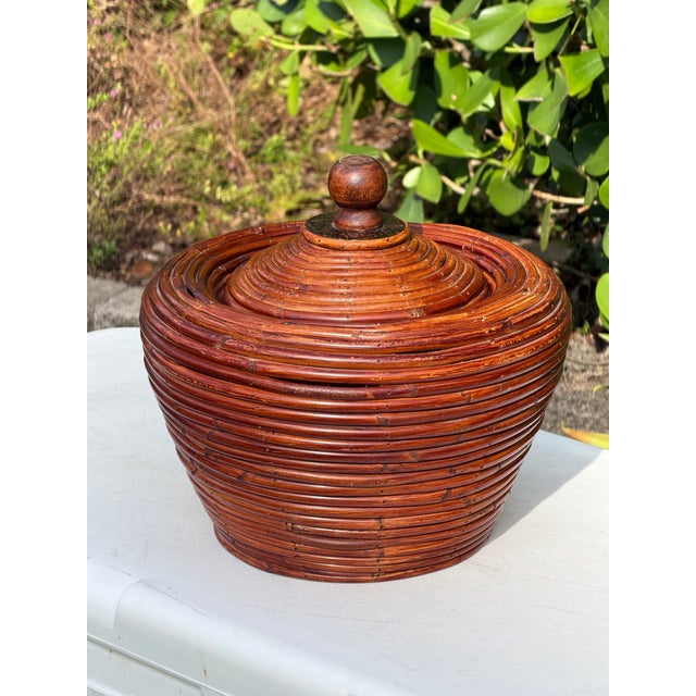 Vintage Pencil Reed Rattan Lidded Urn For Sale In Naples, FL - Image 6 of 9