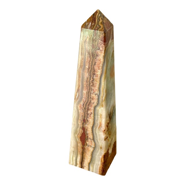 Late 20th Century Neoclassical Solid Onyx Marble Green and Brown Obelisk For Sale