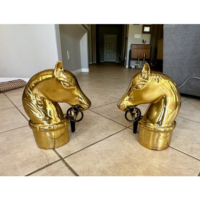 Traditional Pair of Brass and Iron Horse Equestrian Andirons For Sale - Image 3 of 18