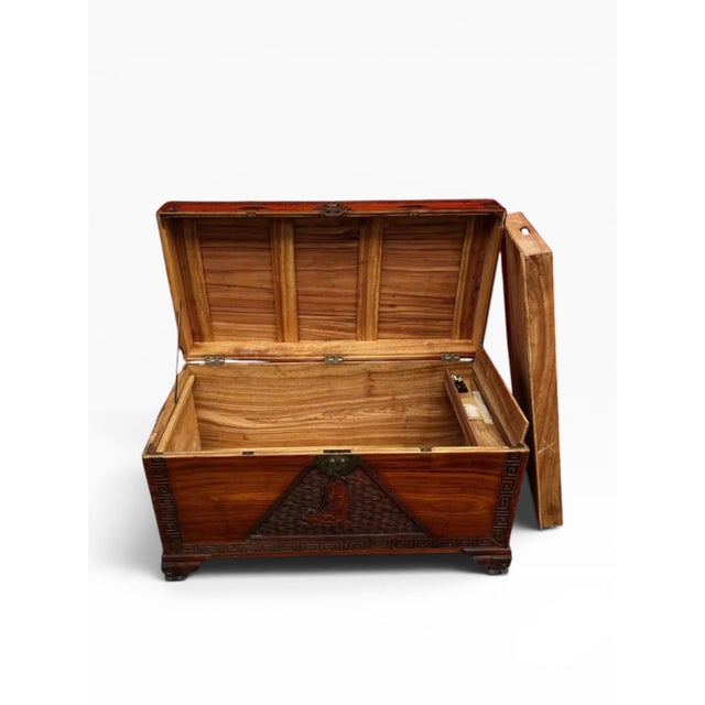 Brown Vintage Hand-Carved Camphor Wood Trunk Chest With Greek Key Motif & Brass Hardware For Sale - Image 8 of 14