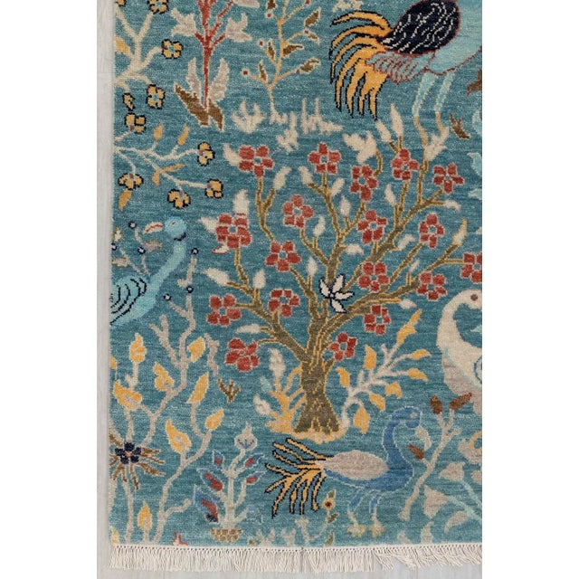 Tribal Blue Peacock Birds Garden Scene Soft Hand Knotted Hand Spun Wool Rug 9x12Ft. For Sale - Image 3 of 18