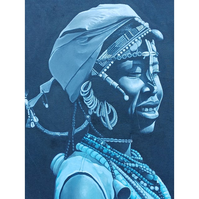 Vintage African Tribal Woman Portrait Realism Painting Framed and Signed by Artist For Sale - Image 4 of 12