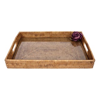 Artifacts Rattan Rectangular Serving Tray with Cutout Handles, Honey Brown with Glass Insert, 20"X13" For Sale