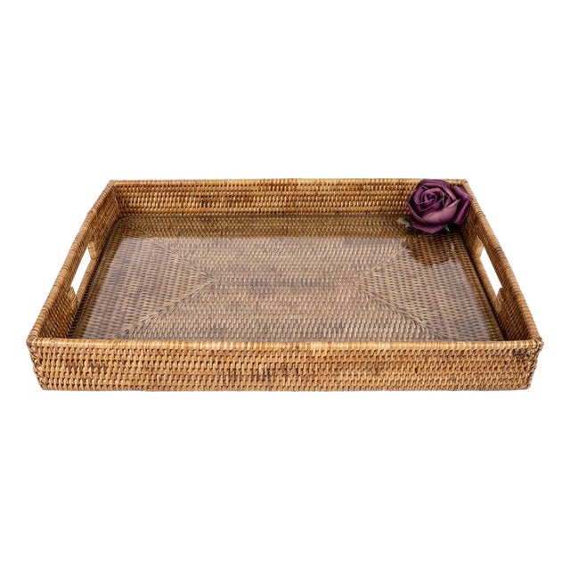 Artifacts Rattan Rectangular Serving Tray with Cutout Handles, Honey Brown with Glass Insert, 20"X13" For Sale