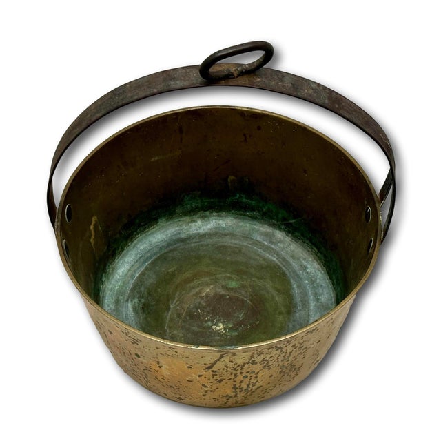 Unusual Mid 1800s Antique Heavy Brass & Hand Wrought Iron Fireplace Hearth Hanging Cooking Pot For Sale - Image 10 of 18