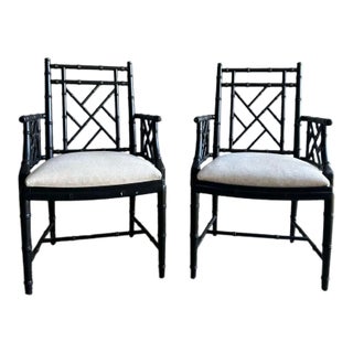Pair of Vintage Faux Bamboo Black Painted Arm Chairs For Sale