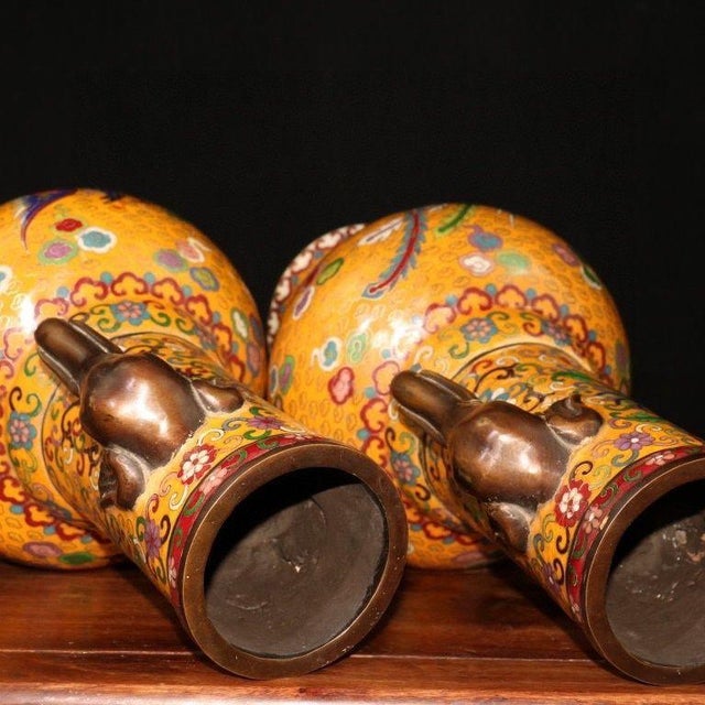 Pair of Chinese Cloisonné Vases | Dragon & Phoenix Motif With Elephant Handles For Sale In Los Angeles - Image 6 of 8