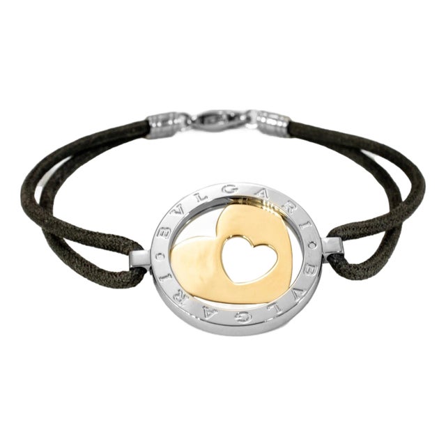Bvlgari Tondo 18k Yellow Gold Steel Black Leather Two Tone Heart Bracelet For Sale