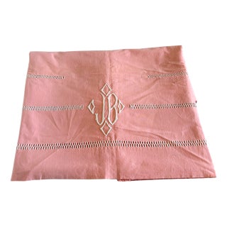 Antique French Pink Wedding Trousseau King Size Linen Sheet with Drawn-Thread Work and Monogram, 1930s For Sale