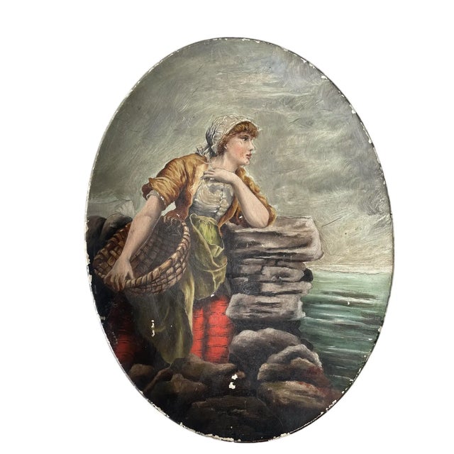 Mid 19th Century Antique Handpainted Hanging Plate - Woman With Basket For Sale - Image 5 of 5