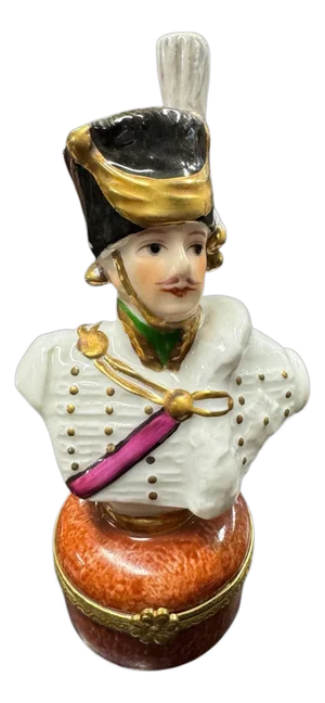 Mid 20th Century Limoges China Figural Porcelain Pill Trinket Box Soldier Figurine White Coat
