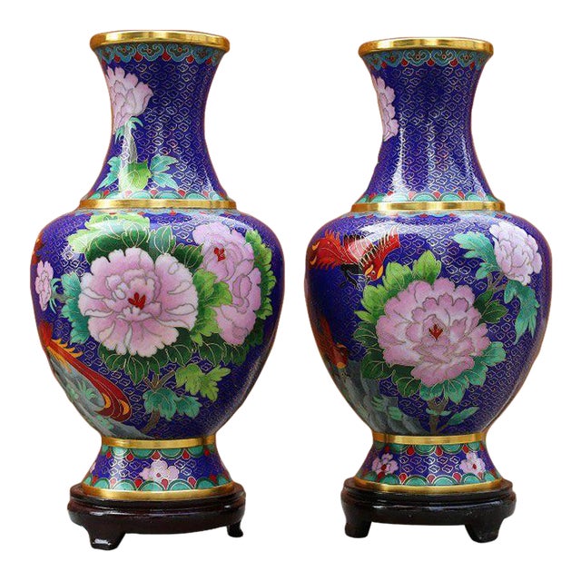 Pair of Large Vintage Cloisonné Enamel Vases – Sapphire Blue Ground, Phoenix & Peony Motif For Sale