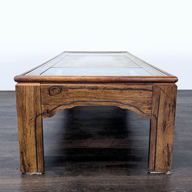 Traditional Vintage Wood and Glass Coffee Table With Brass Inlay For Sale - Image 3 of 8