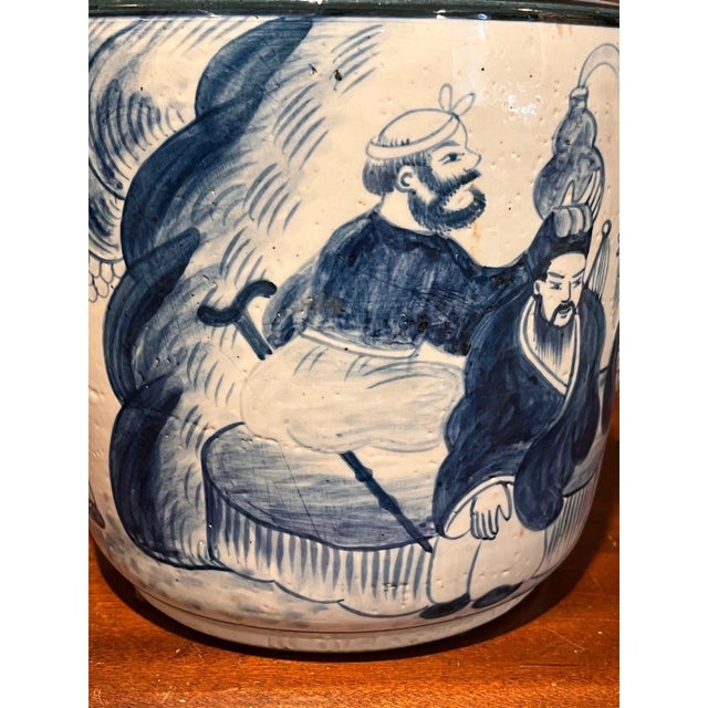 Chinese Vintage Chinese Blue White Porcelain Planter Ruo Shen Mark Figure 10" For Sale - Image 3 of 6