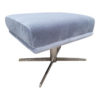 West Elm Austin Ottoman in Steel Blue Astor Velvet With Polished Nickel Base For Sale