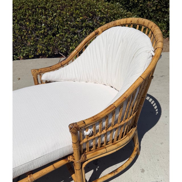 Art Deco Vintage Rattan Stick Wicker Art Deco Chaise With New Perennials Upholstery For Sale - Image 3 of 13