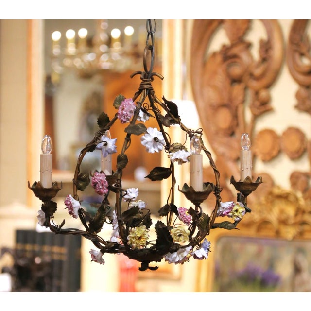 Early 20th C. French Four-Light Floral Tole Chandelier With Porcelain Flowers For Sale In Dallas - Image 6 of 10