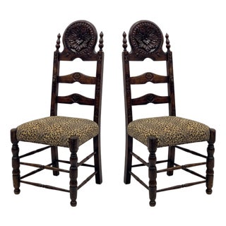 19th-C. French Carved Oak Ladder Back Chairs Leopard Upholstery Pair For Sale