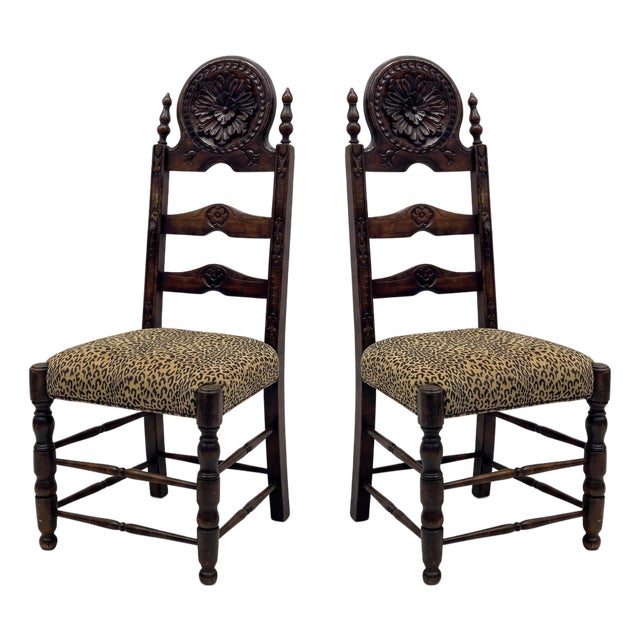 19th-C. French Carved Oak Ladder Back Chairs Leopard Upholstery Pair For Sale