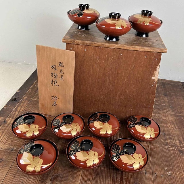 Beautiful set of 10 Wajima lacquerware bowls from the 1970s, complete with original wooden storage box. Dimensions: Bowl...