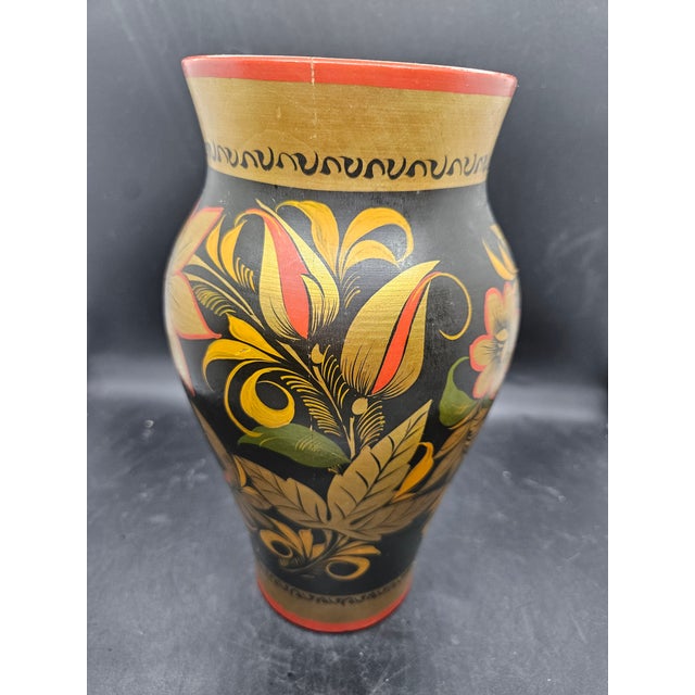 Vintage USSR Russian Folk Art Wood Floral Design Vase