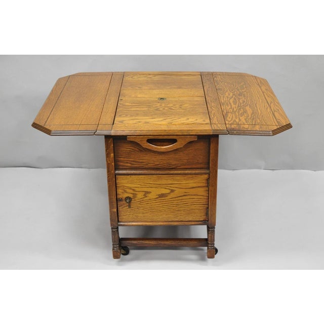 Antique Arts & Crafts Oak Wood Rolling Bar Cart Liquor Cabinet by Lammert's For Sale - Image 12 of 18