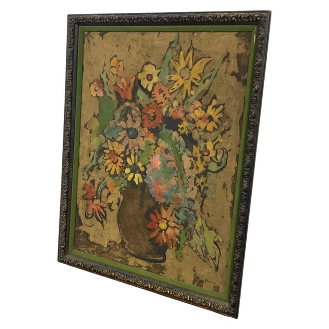 Traditional Vintage Signed Floral Still Life Mixed Media Painting on Textured Board in Ornate Frame Possible Batik Print. For Sale - Image 3 of 10