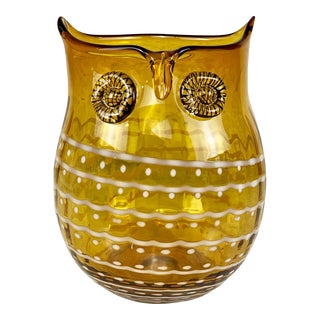 Mid-Century Large Italian Art Glass Golden Yellow Owl Sculpture Vase For Sale