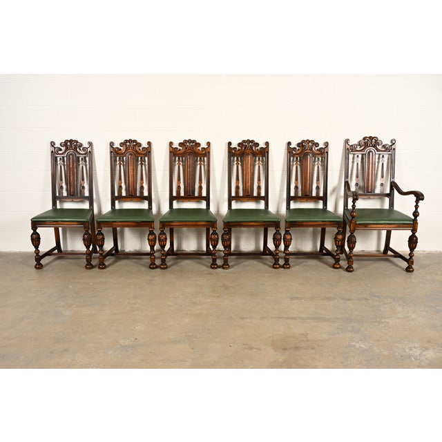 English Berkey & Gay Antique English Jacobean Carved Walnut Dining Chairs, Set of Six For Sale - Image 3 of 16